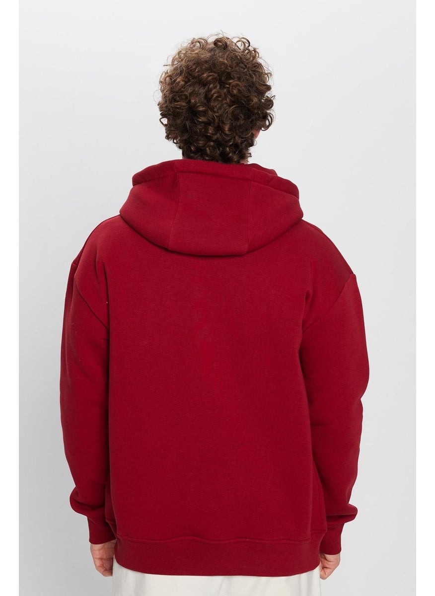 Oversize Wide Cut Cotton Soft Textured Fleece Inside Printed Burgundy Hooded Sweatshirt