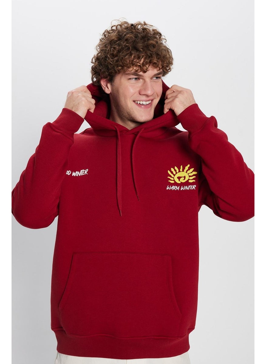 Oversize Wide Cut Cotton Soft Textured Fleece Inside Printed Burgundy Hooded Sweatshirt