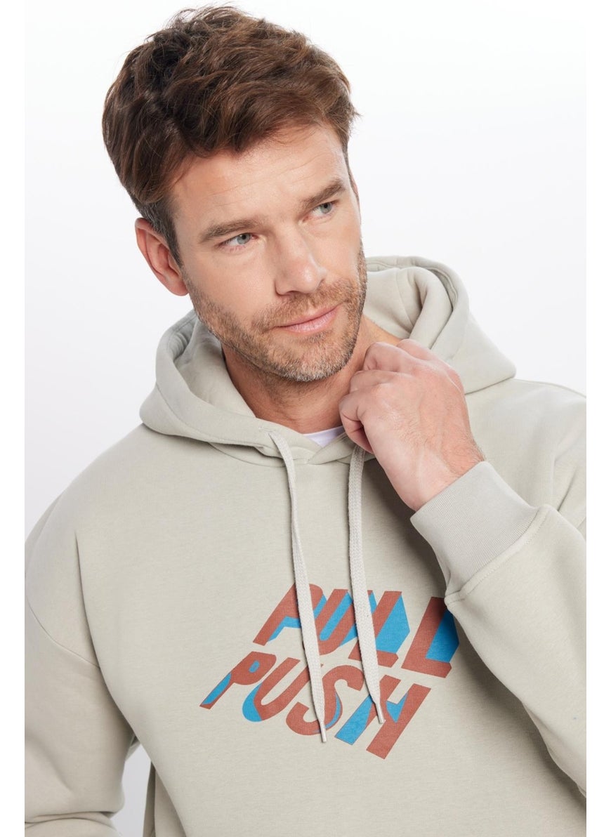 Oversize Wide Cut Cotton Soft Textured Polar Fleece Inside Printed Stone Color Hooded Sweatshirt