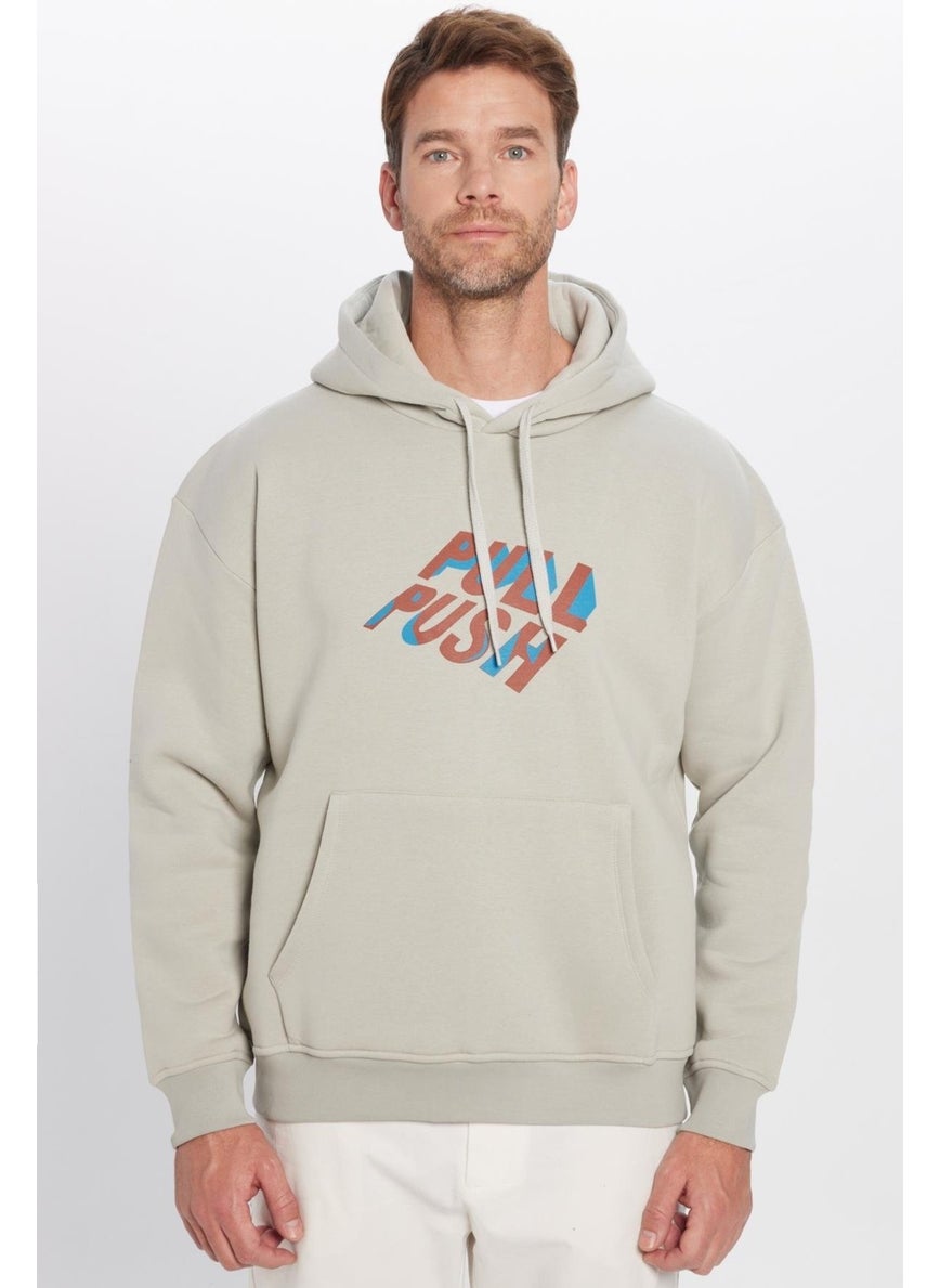 Oversize Wide Cut Cotton Soft Textured Polar Fleece Inside Printed Stone Color Hooded Sweatshirt