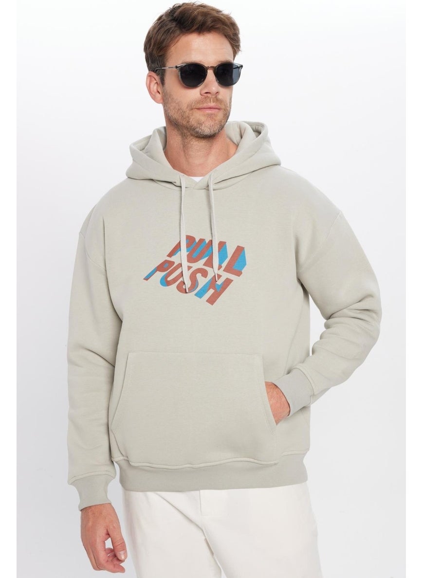 Oversize Wide Cut Cotton Soft Textured Polar Fleece Inside Printed Stone Color Hooded Sweatshirt