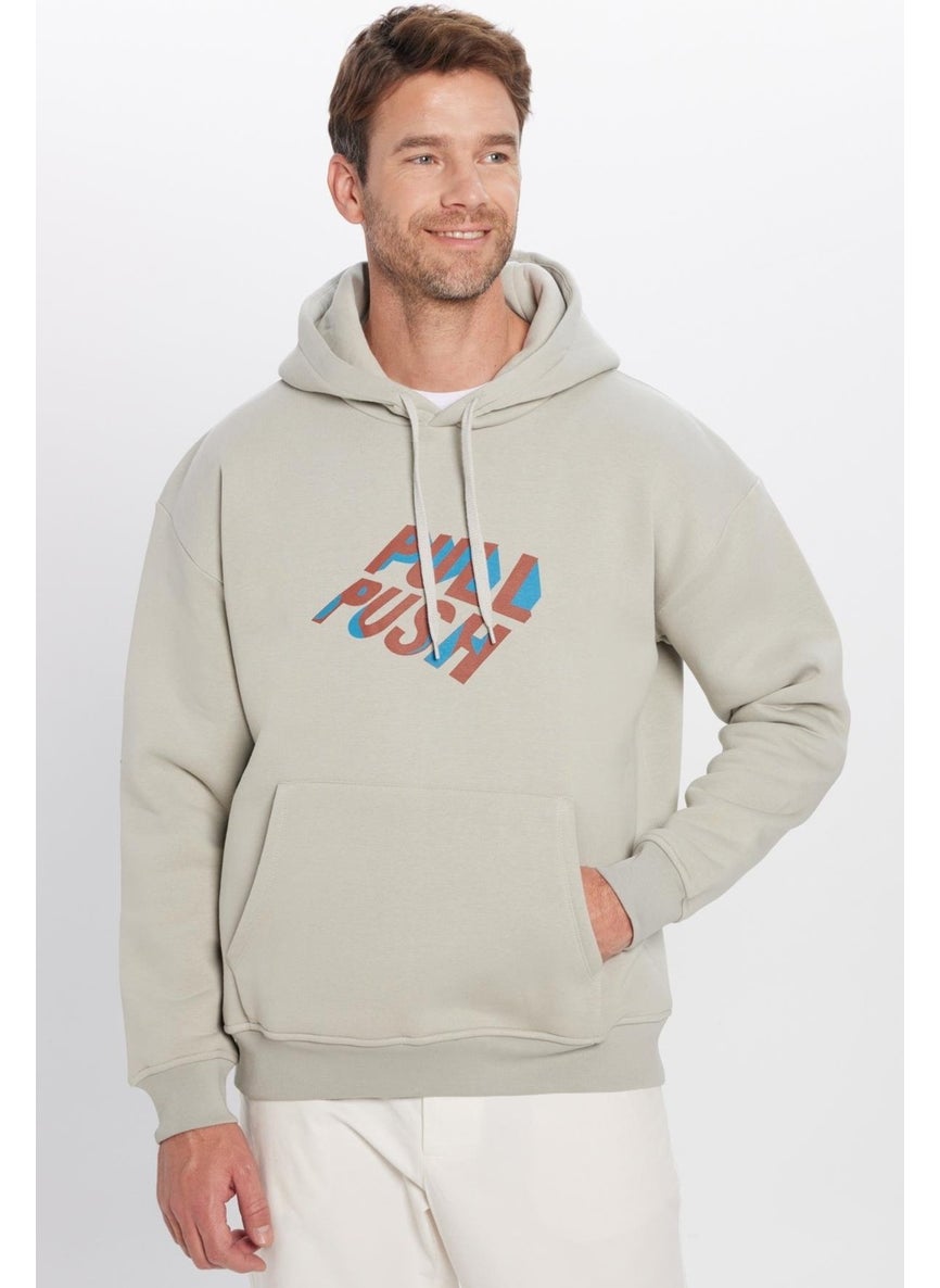 Oversize Wide Cut Cotton Soft Textured Polar Fleece Inside Printed Stone Color Hooded Sweatshirt