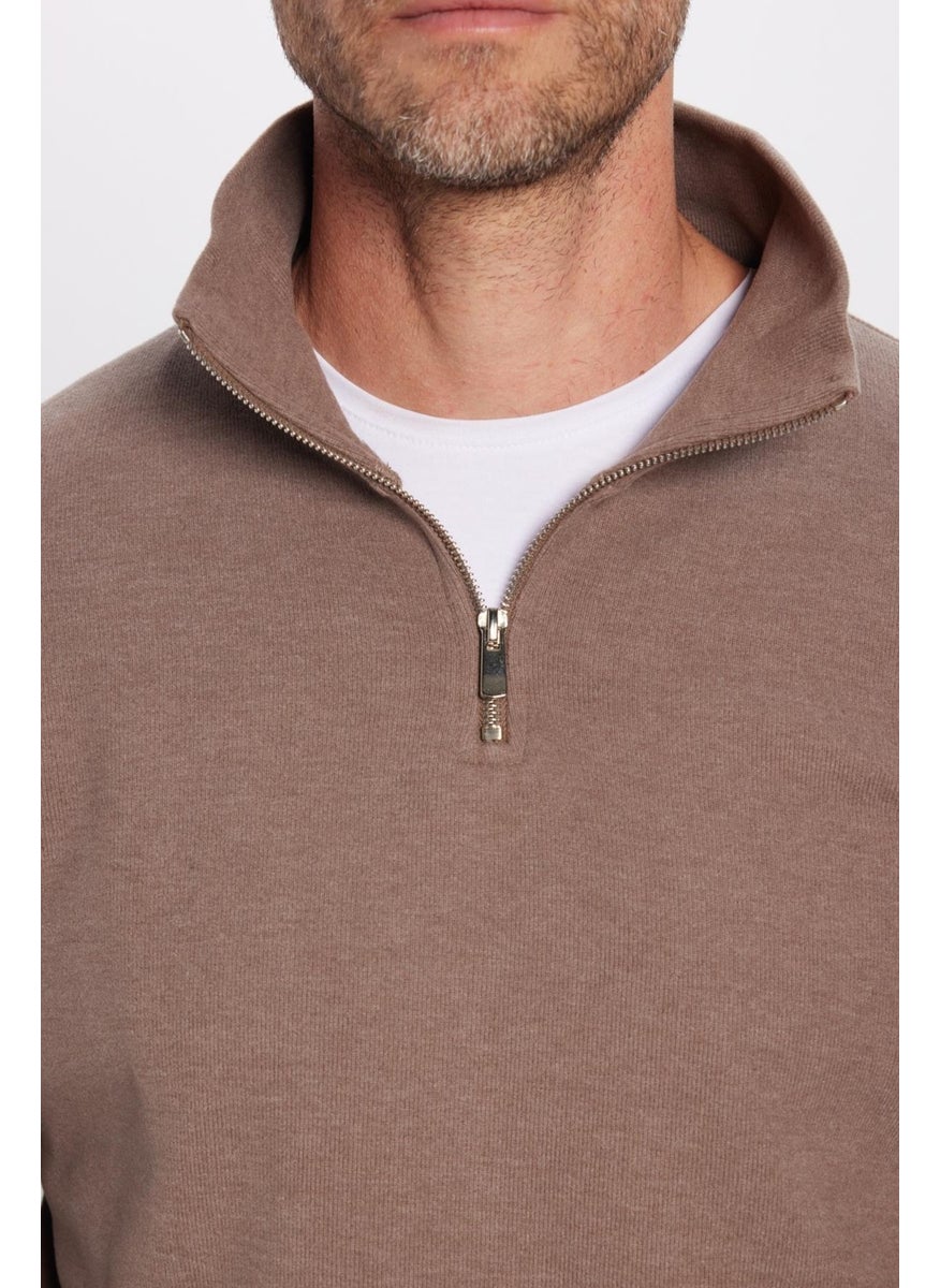 Relax Fit Comfortable Cut Ribbed Patterned Cotton Half Zipper Brown Stand Collar Sweatshirt
