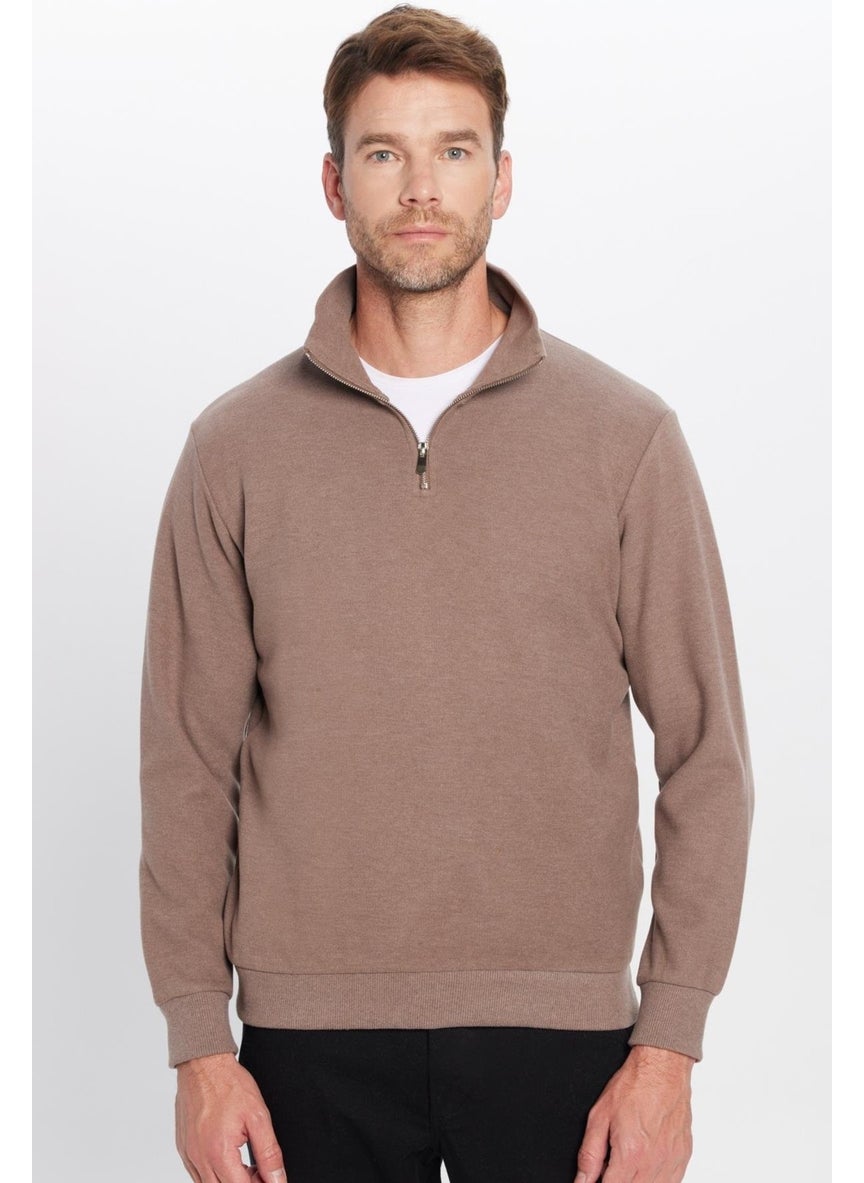 Relax Fit Comfortable Cut Ribbed Patterned Cotton Half Zipper Brown Stand Collar Sweatshirt