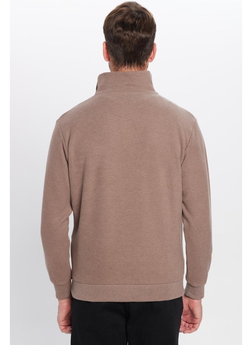 Relax Fit Comfortable Cut Ribbed Patterned Cotton Half Zipper Brown Stand Collar Sweatshirt