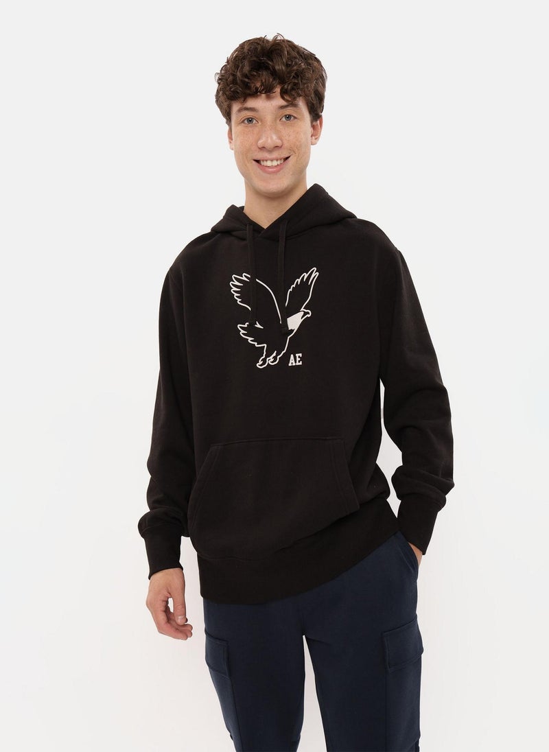 Graphic Pocket Deatiled Drawstring Pullover Hoodie