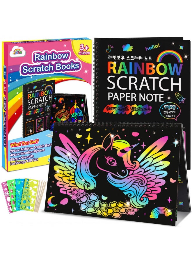 ZMLM Scratch Paper Art-Crafts Gift: 2 Pack Bulk Rainbow Magic Paper Supplies Toys for 3 4 5 6 7 8 9 10 Years Old Girls Kids Favors Gifts for Birthday Halloween Christmas Party Games Projects Kits