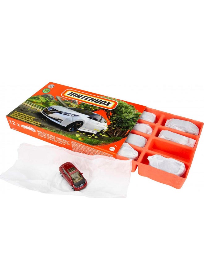 Matchbox Cars, Mbx Electric Drivers 12-Pack, Set of 12 Toy Electric Vehicles in 1:64 Scale, Plastic Free Packaging (Styles May Vary)