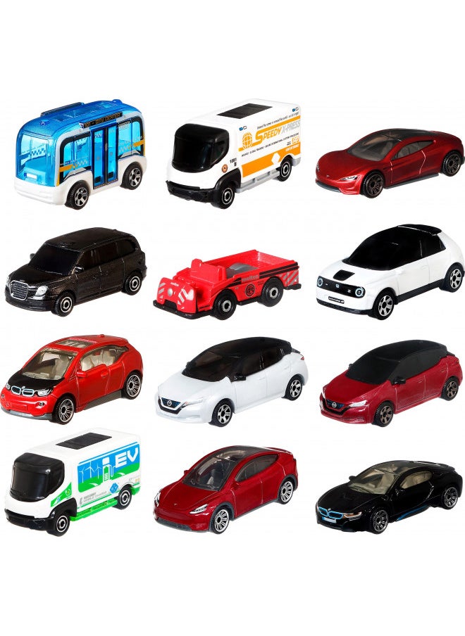 Matchbox Cars, Mbx Electric Drivers 12-Pack, Set of 12 Toy Electric Vehicles in 1:64 Scale, Plastic Free Packaging (Styles May Vary)