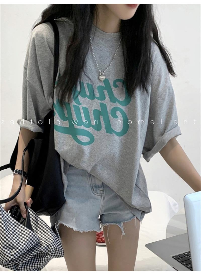 1 x 5 pcs 2024 Summer Korean Style Letter Print Tee flower ash