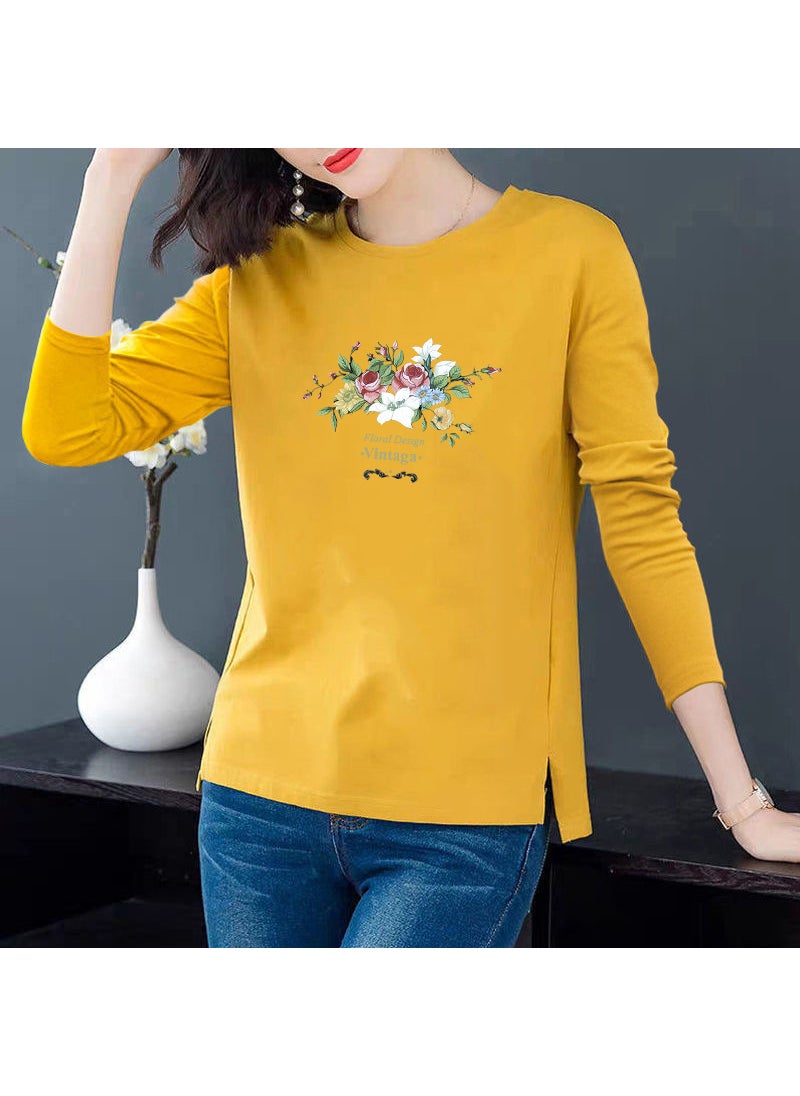 2023 Cotton Fashion Casual Womens Long Sleeve Tee Yellow