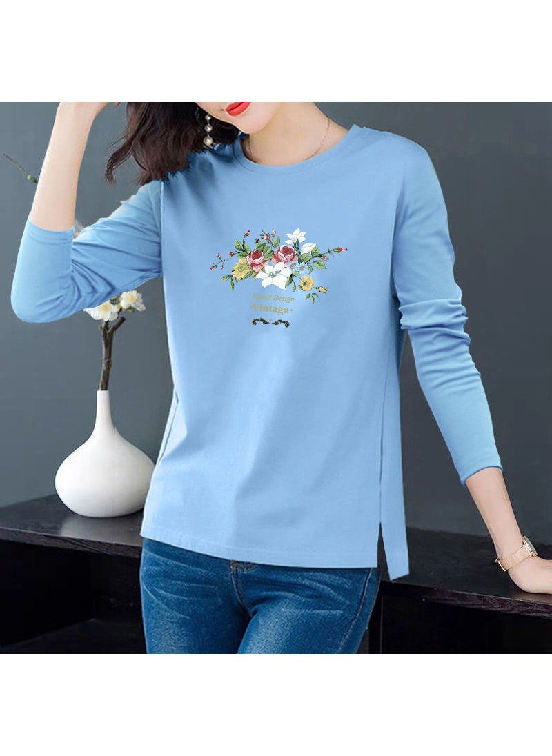 2023 Cotton Fashion Casual Womens Long Sleeve Tee Blue