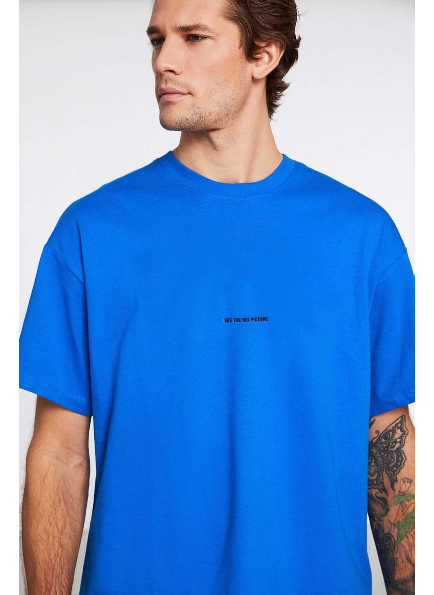 River Men's Oversize Fit Embroidered Front Cotton Saxe Blue T-Shirt