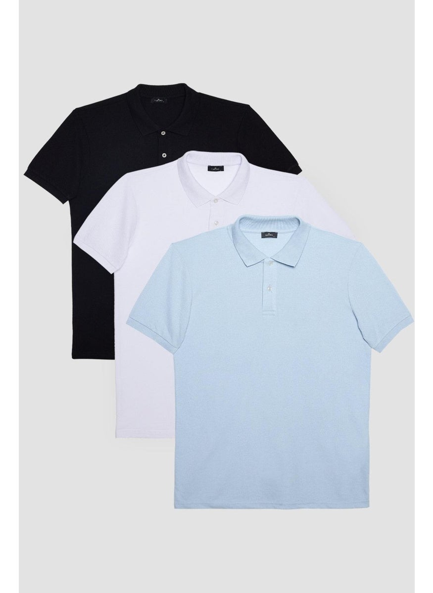 Men's 3-Pack Black-Blue-White Slim Fit Slim Fit Cotton Plain Pique Polo Neck T-Shirt