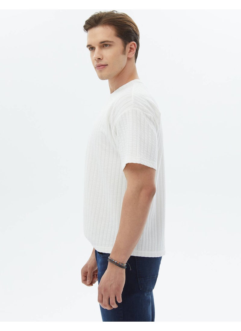 White Jacquard Crew Neck Cotton Blend T-Shirt