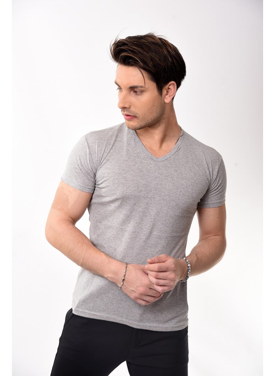 V-Neck Basic Slim Fit Men's T-Shirt Gray