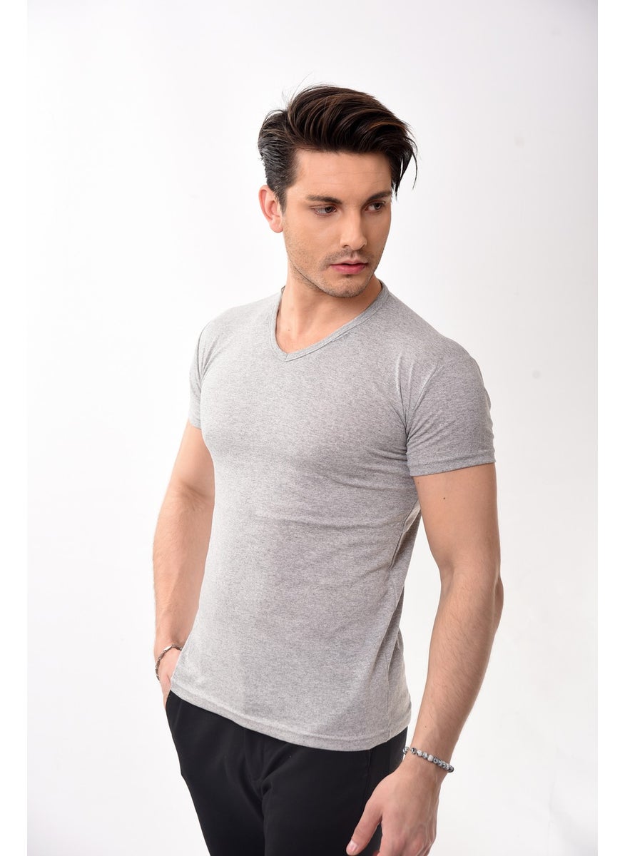 V-Neck Basic Slim Fit Men's T-Shirt Gray