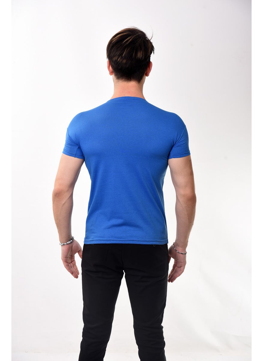 V-Neck Basic Slim Fit Men's T-Shirt Saks Blue