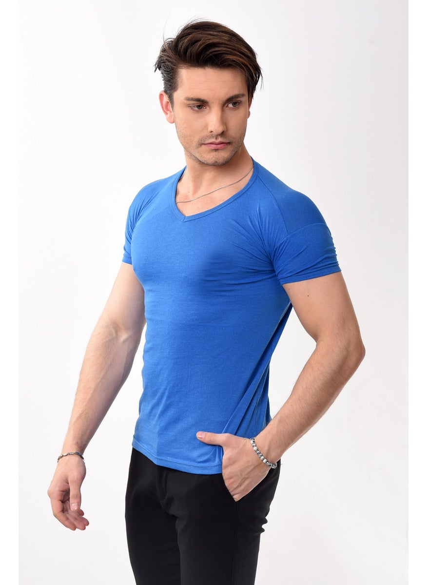 V-Neck Basic Slim Fit Men's T-Shirt Saks Blue