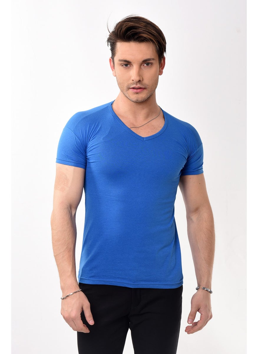 V-Neck Basic Slim Fit Men's T-Shirt Saks Blue