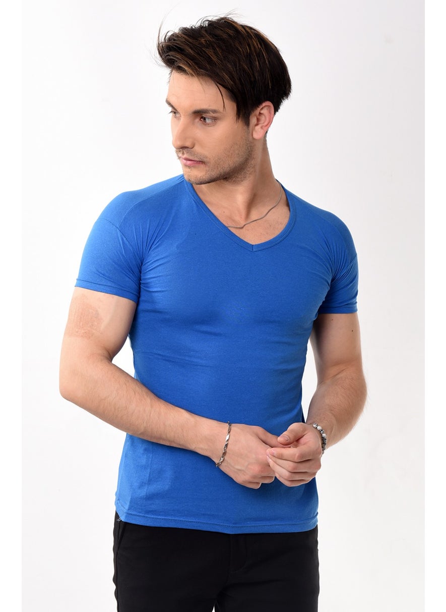 V-Neck Basic Slim Fit Men's T-Shirt Saks Blue