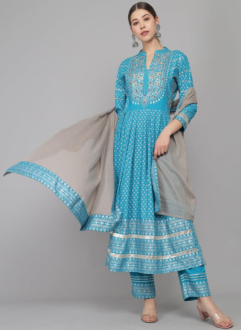 Blue Rayon Kurta With Trousers With Dupatta