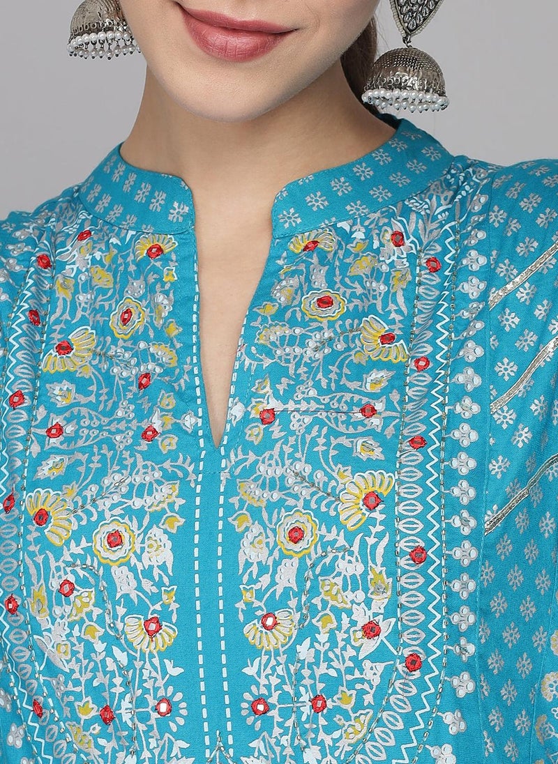 Blue Rayon Kurta With Trousers With Dupatta