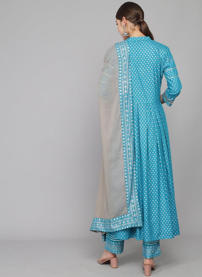 Blue Rayon Kurta With Trousers With Dupatta