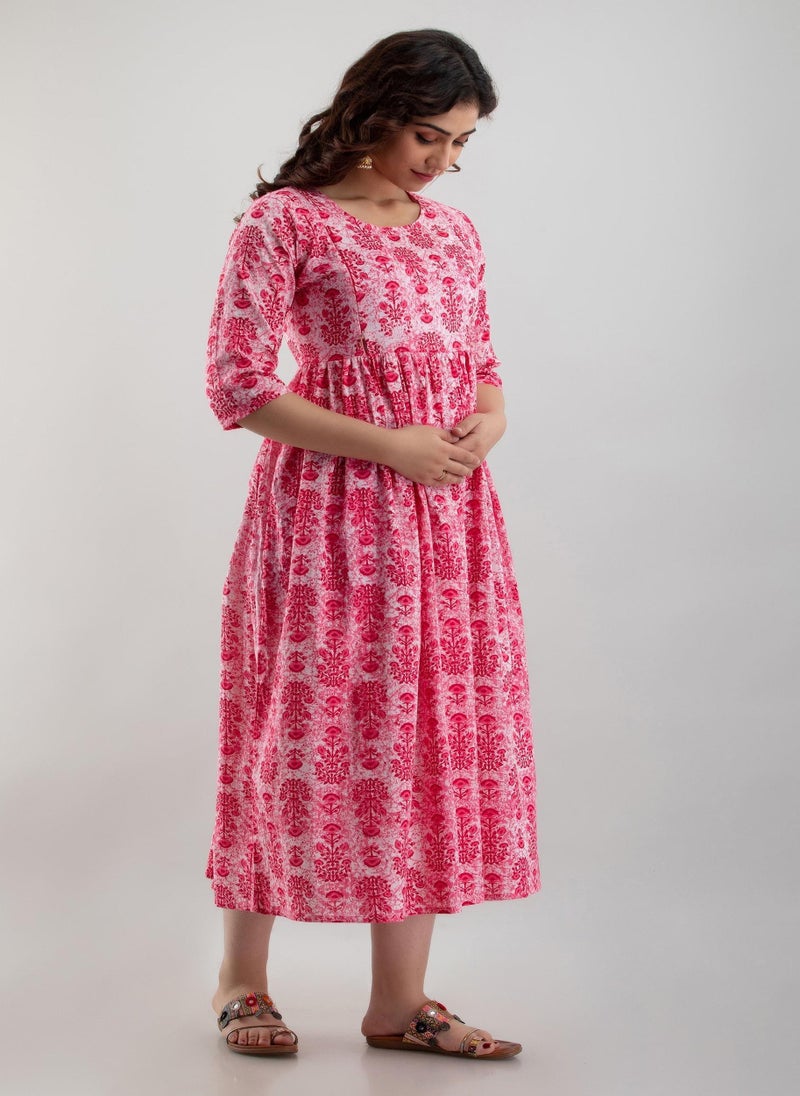 Pink Cotton Maternity Baby Feeding Dress