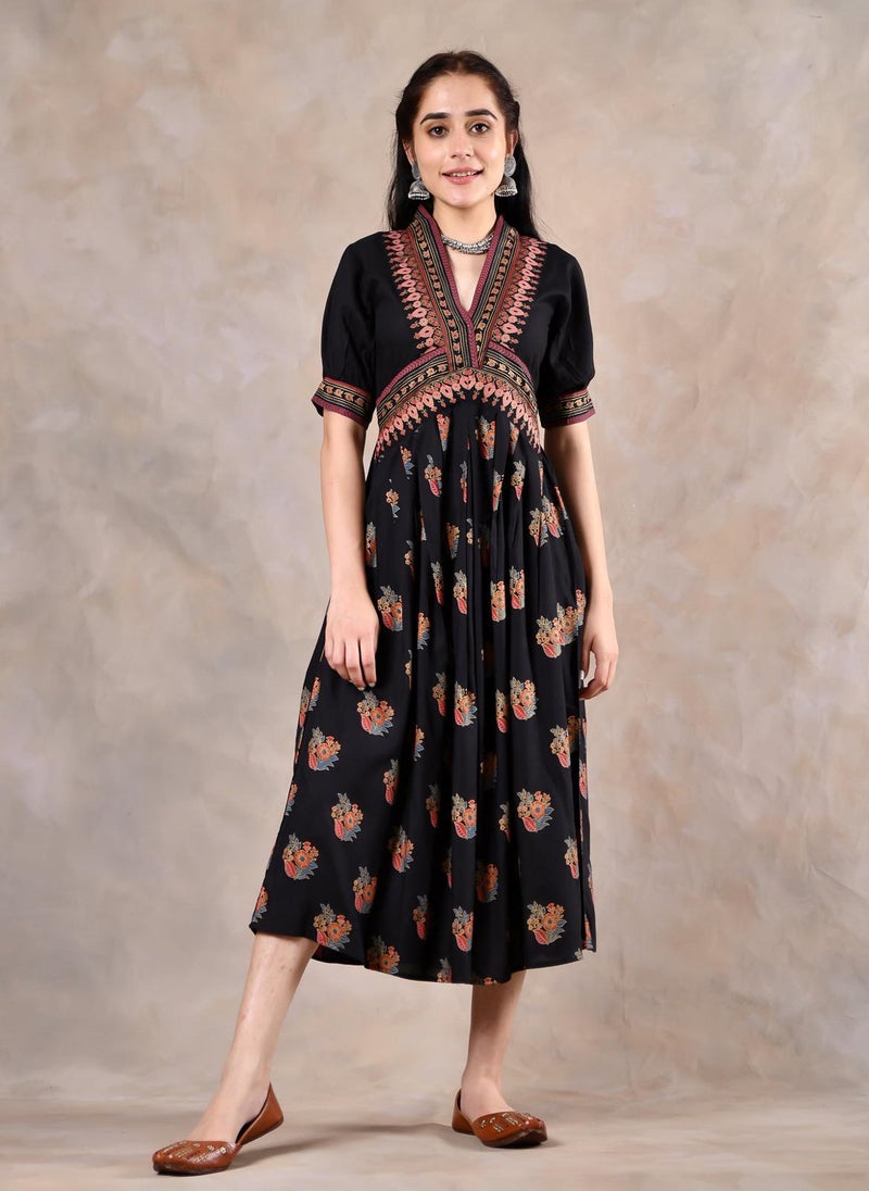 Black Viscose Printed V Neck Gathered Dress