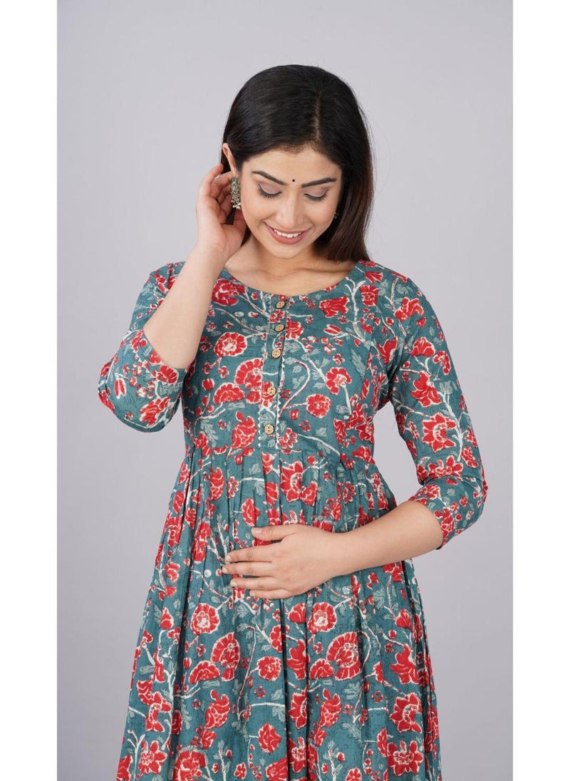 Grey Cotton Maternity Baby Feeding Dress