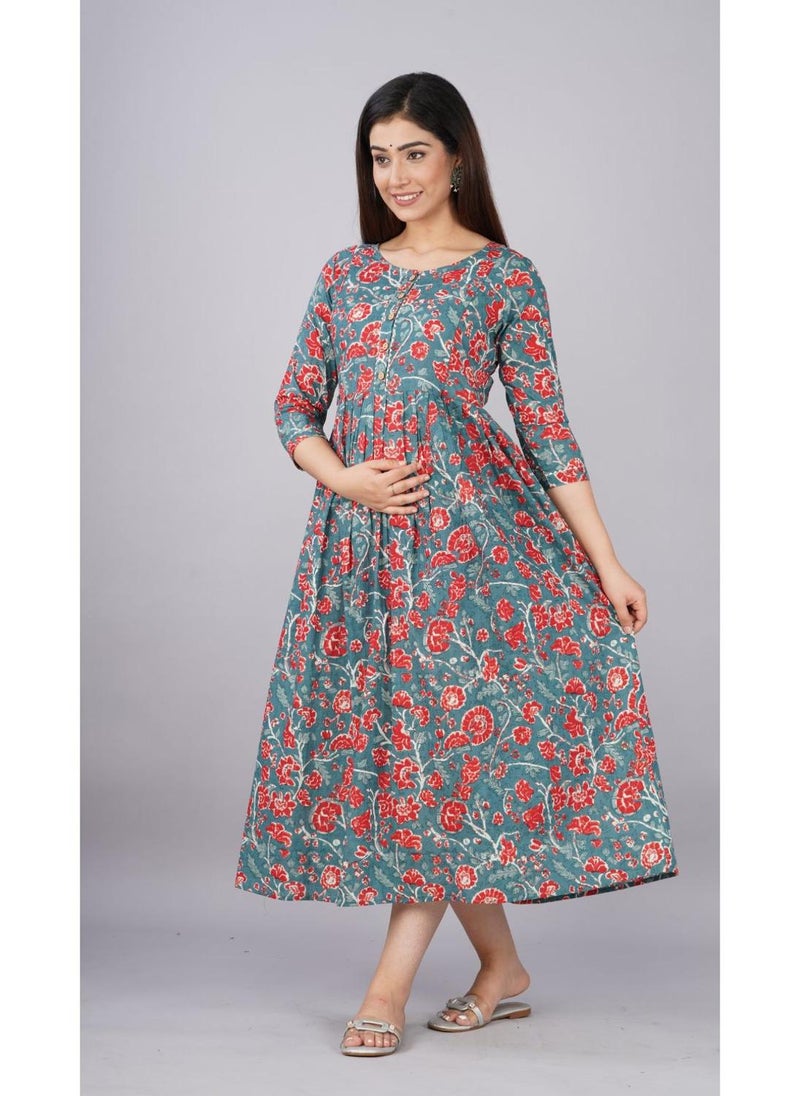 Grey Cotton Maternity Baby Feeding Dress