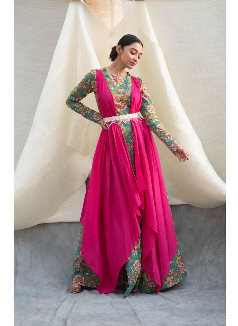 Green Cotton Long Dress With Flared Dupatta