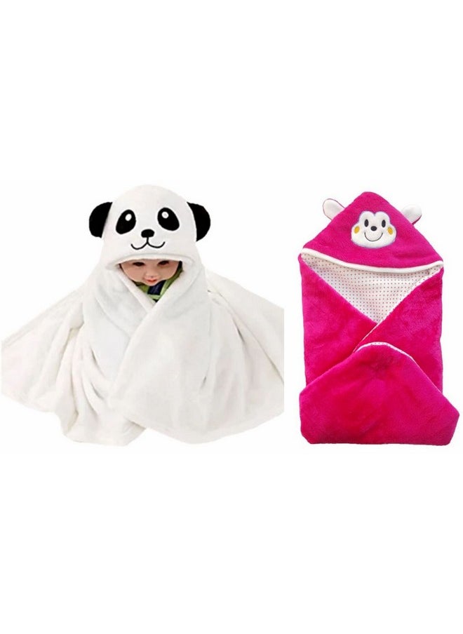 Newborn Combo Of Furry Glacier Hooded Smily Baby Blanket And Premium Glacier Hooded Baby Wrapper(Pack Of 2; White Panda & Rani)