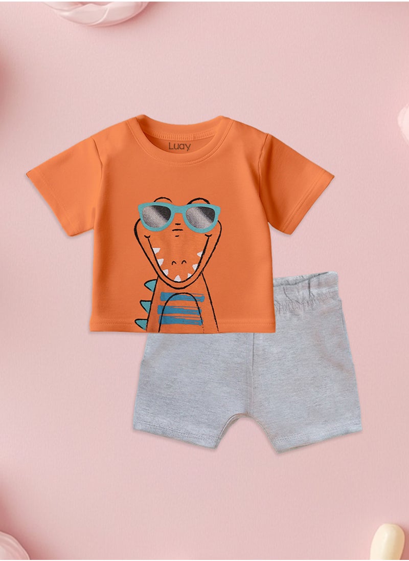 LUAY 100% Organic Cotton Baby Boy & Girls Clothing Set Short Sleeve Kids Clothes Boys & Girls Toddler Short Set Cute Animal Print Combo Pack Of 2 Top and Shorts Outfit For New born