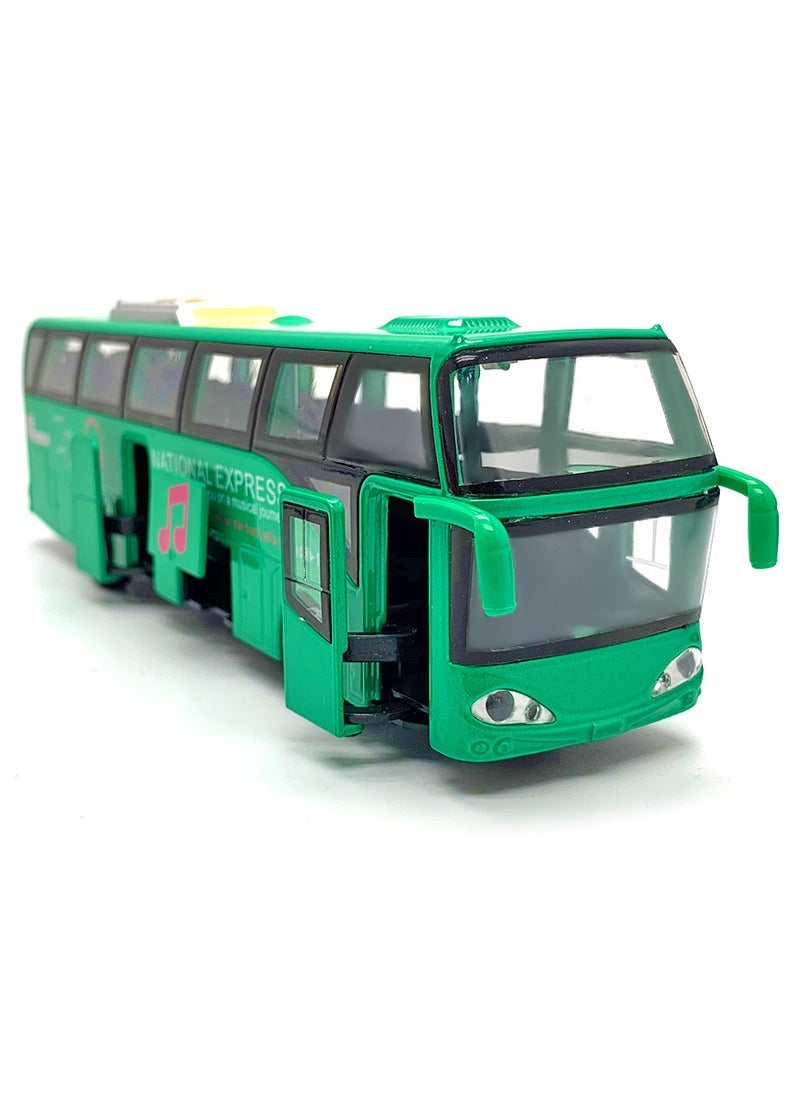 Alloy Passenger Bus Model, Sound  Light, Pullback, Five-Door Toy Bus Green