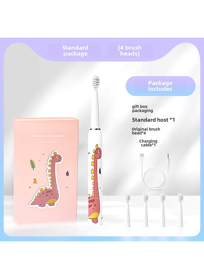 Kids Sonic Electric Toothbrush USB Waterproof Smart Soft Bristle Dinosaur-gift box 4 brush head