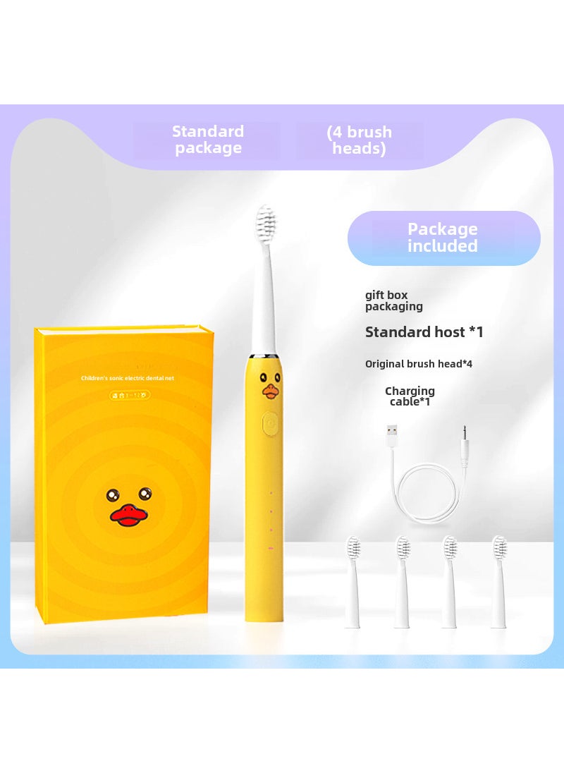 Kids Sonic Electric Toothbrush USB Waterproof Smart Soft Bristle Yellow Duck-gift box 4 brush head