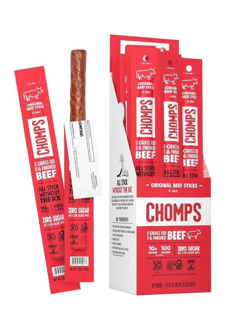 Grass-Fed and Finished Original Beef Jerky Snack Sticks 24-Pack, Keto, Paleo, Whole30, 10g Protein, Gluten-Free