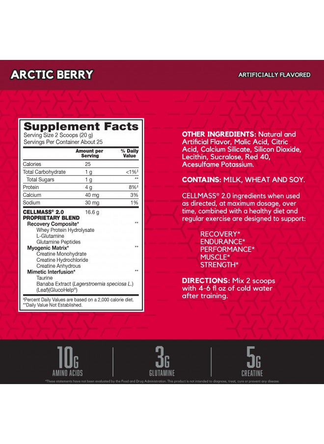 BSN CELLMASS 2.0 Post Workout Recovery with BCAA, Creatine, & Glutamine - Keto Friendly - Arctic Berry, (25 Servings) (1048058)