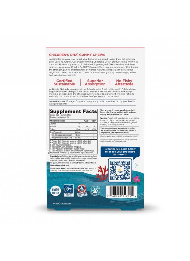 Nordic Naturals Childrens DHA Gummies, Tropical Punch - 30 Gummies for Kids - 600 mg Total Omega-3s with EPA & DHA - Brain Development, Learning, Healthy Immunity - Non-GMO - 30 Servings