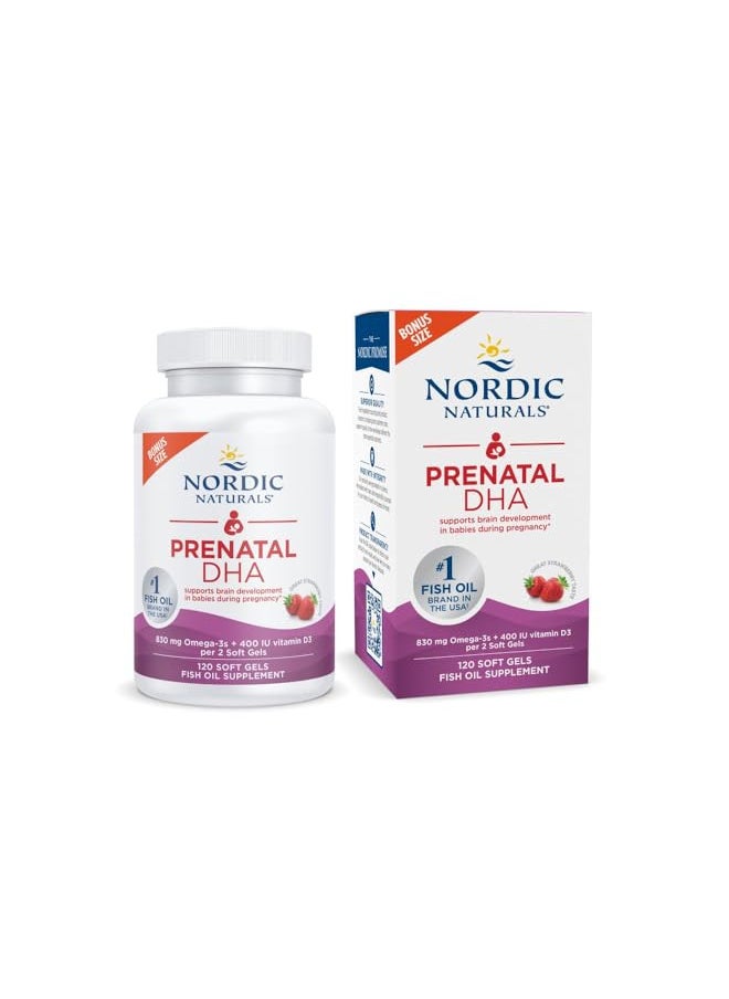 Nordic Naturals Prenatal DHA, Strawberry - 120 Soft Gels - 830 mg Omega-3 + 400 IU Vitamin D3 - Supports Brain Development in Babies During Pregnancy & Lactation - Non-GMO - 60 Servings