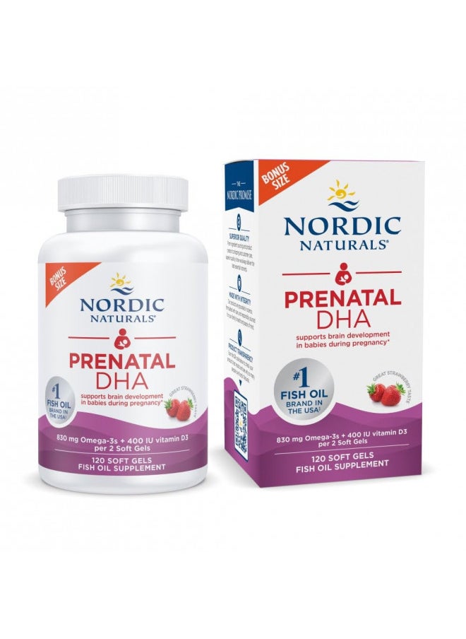 Nordic Naturals Prenatal DHA, Strawberry - 120 Soft Gels - 830 mg Omega-3 + 400 IU Vitamin D3 - Supports Brain Development in Babies During Pregnancy & Lactation - Non-GMO - 60 Servings