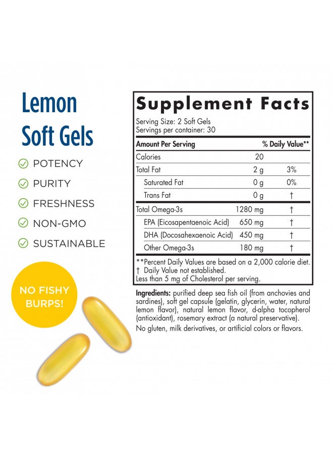 Nordic Naturals ProOmega, Lemon Flavor - 60 Soft Gels - 1280 mg Omega-3 - High Potency Fish Oil with EPA & DHA - Promotes Brain, Eye, Heart, & Immune Health - Non-GMO - 30 Servings