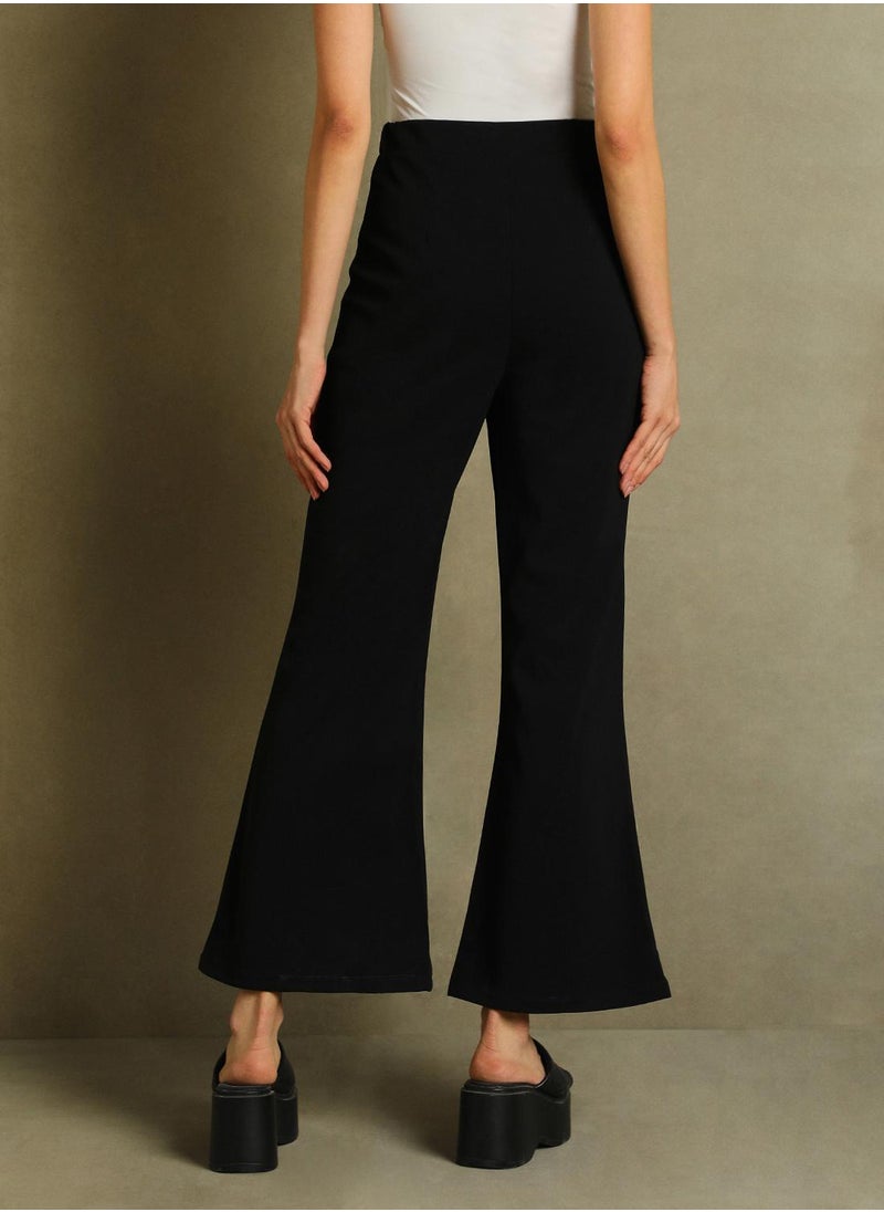 Women's Black Cotton Blend Solid Full Length Casual Straight Fit Trouser