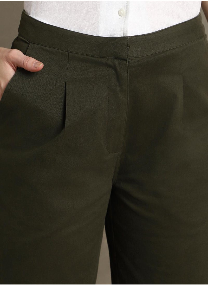 Women's Olive Cotton Blend Solid Full Length Chinos Straight Fit Trouser