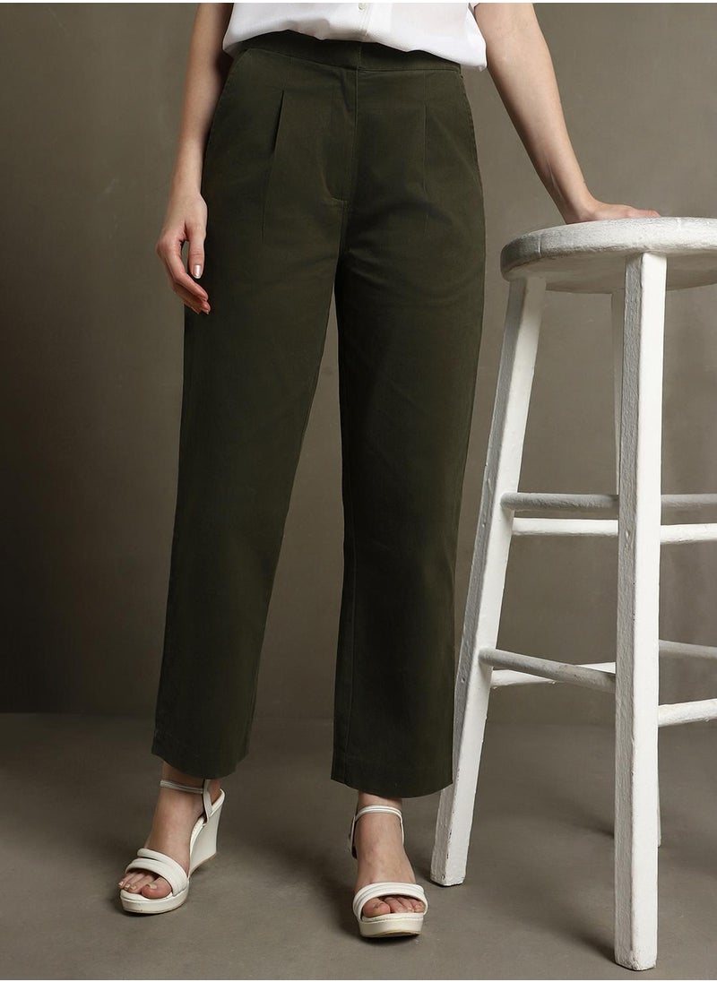 Women's Olive Cotton Blend Solid Full Length Chinos Straight Fit Trouser