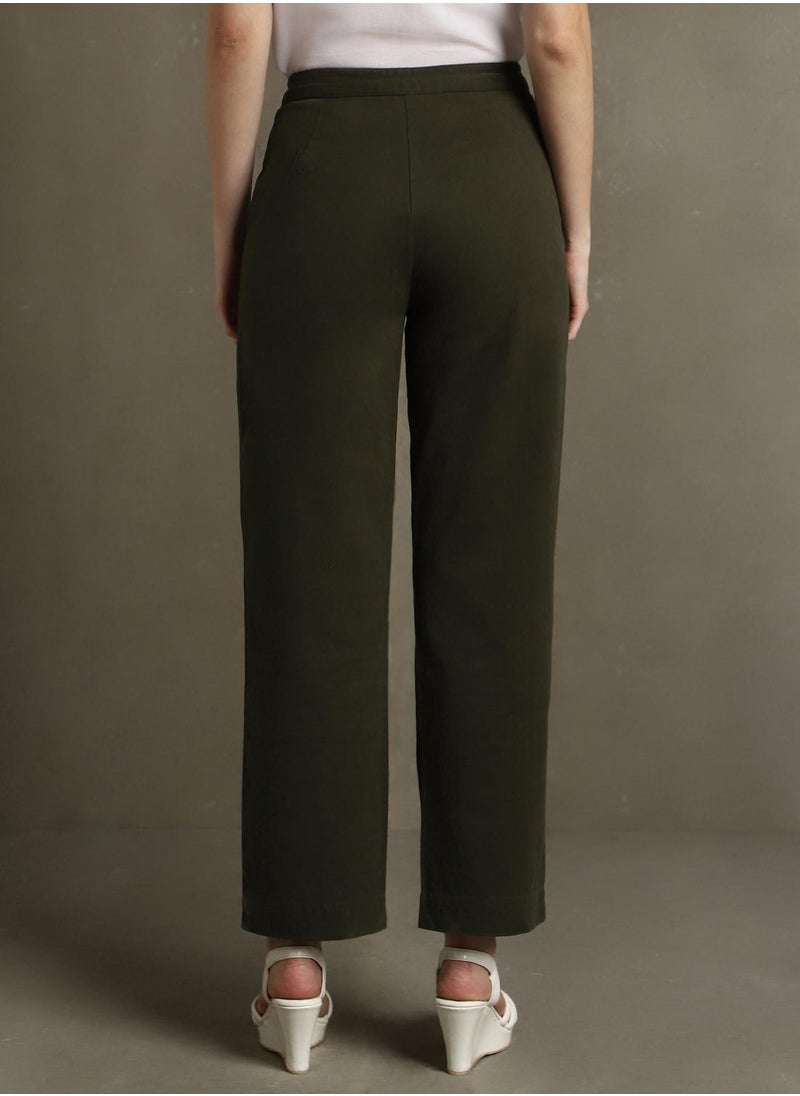 Women's Olive Cotton Blend Solid Full Length Chinos Straight Fit Trouser