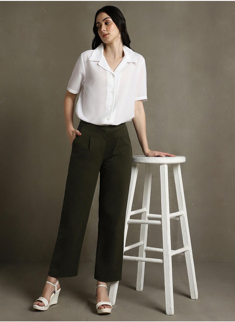 Women's Olive Cotton Blend Solid Full Length Chinos Straight Fit Trouser