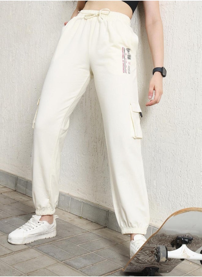 Women's White Cotton Blend Printed Full Length Cargo Regular Fit Trouser